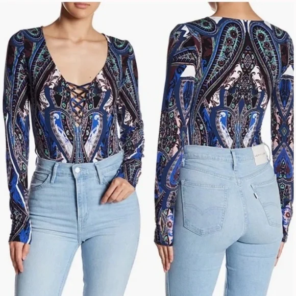 Free People Blue Paisley lace up bodysuit - Picture 12 of 12